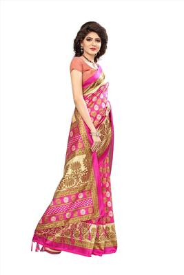 Pink printed cotton silk saree with blouse 3