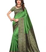 Green printed cotton silk saree with blouse