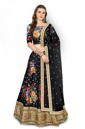 Black embroidered silk semi stitched lehenga with dupatta