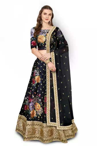 Black embroidered silk semi stitched lehenga with dupatta