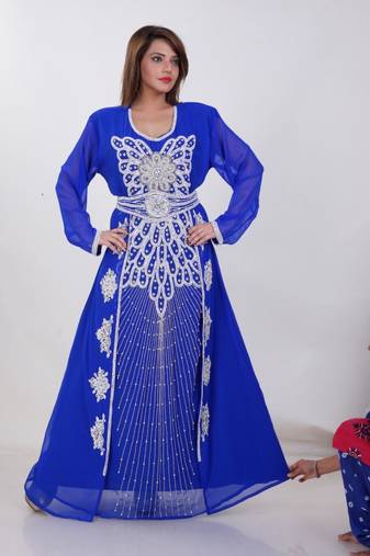 Royal Blue Georgette Embroidered Stitched Islamic Kaftan