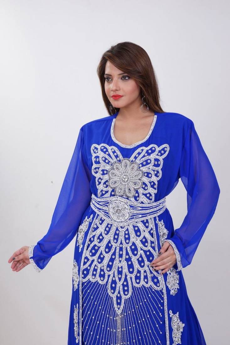 Royal Blue Georgette Embroidered Stitched Islamic Kaftan