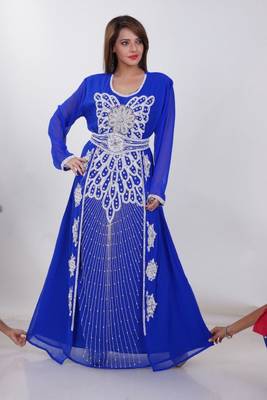 Royal Blue Georgette Embroidered Stitched Islamic Kaftan 4