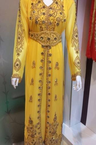 Yellow Georgette Embroidered Stitched Islamic Kaftan