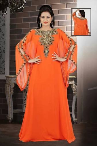 Orange Georgette Embroidered Stitched Islamic Kaftan