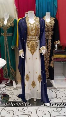Inner Cream Cket Royal Blue Georgette Embroidered Stitched Islamic Kaftan 1