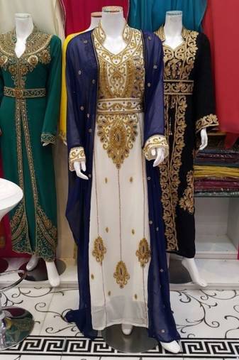 Inner Cream Cket Royal Blue Georgette Embroidered Stitched Islamic Kaftan