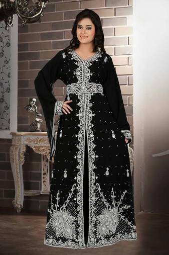 Black Georgette Embroidered Stitched Islamic Kaftan