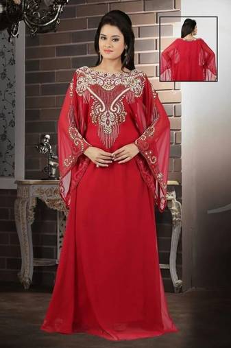 Maroon Georgette Embroidered Stitched Islamic Kaftan