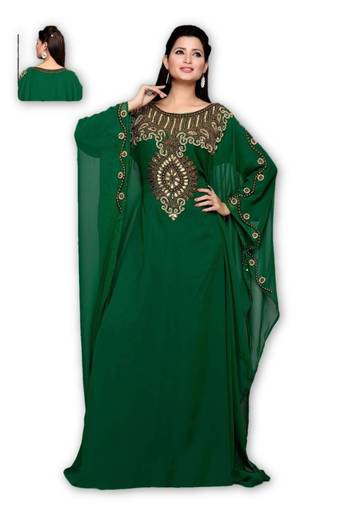 Green Georgette Embroidered Stitched Islamic Kaftan
