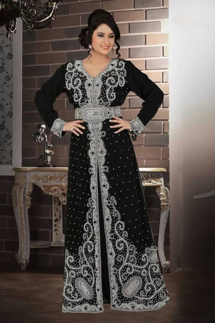 Black Georgette Embroidered Stitched Islamic Kaftan