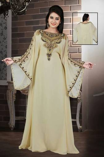 Cream Georgette Embroidered Stitched Islamic Kaftan