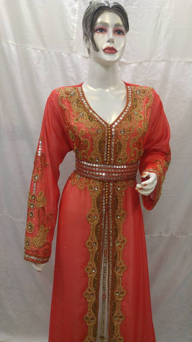 Inner Cream Jacket Pink Georgette Embroidered Stitched Islamic Kaftan