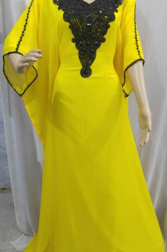 Yellow Georgette Embroidered Stitched Islamic Kaftan