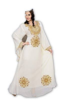 Cream Georgette Embroidered Stitched Islamic Kaftan 1