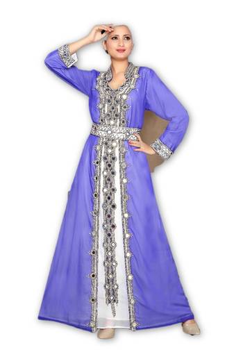 Inner Cream Jakcte Royal Blue Georgette Embroidered Stitched Islamic Kaftan