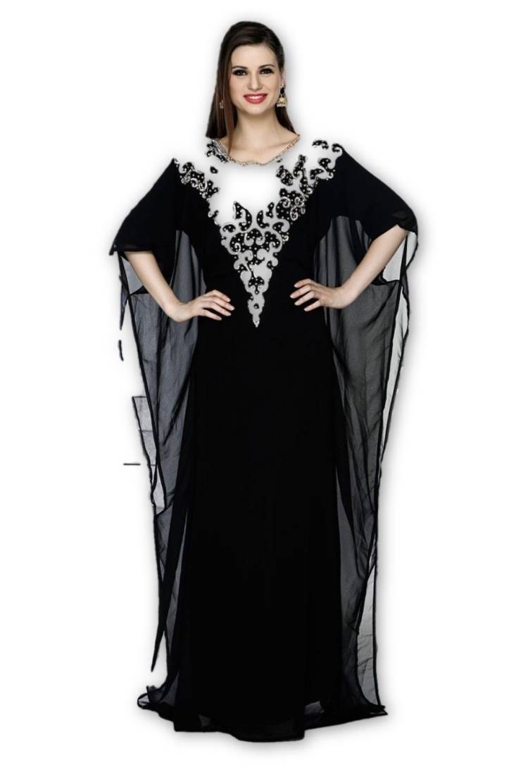 Black Georgette Embroidered Stitched Islamic Kaftan