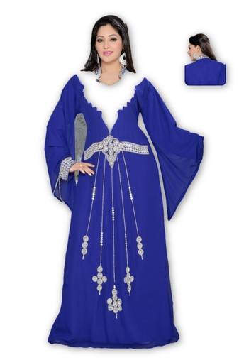 Royal Blue Georgette Embroidered Stitched Islamic Kaftan