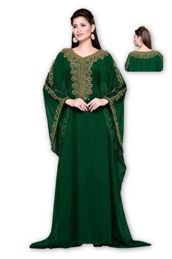 Green Georgette Embroidered Stitched Islamic Kaftan