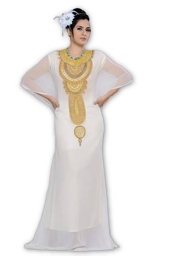 Cream Georgette Embroidered Stitched Islamic Kaftan