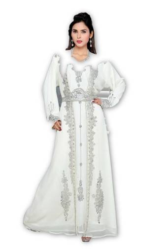 Cream Georgette Embroidered Stitched Islamic Kaftan