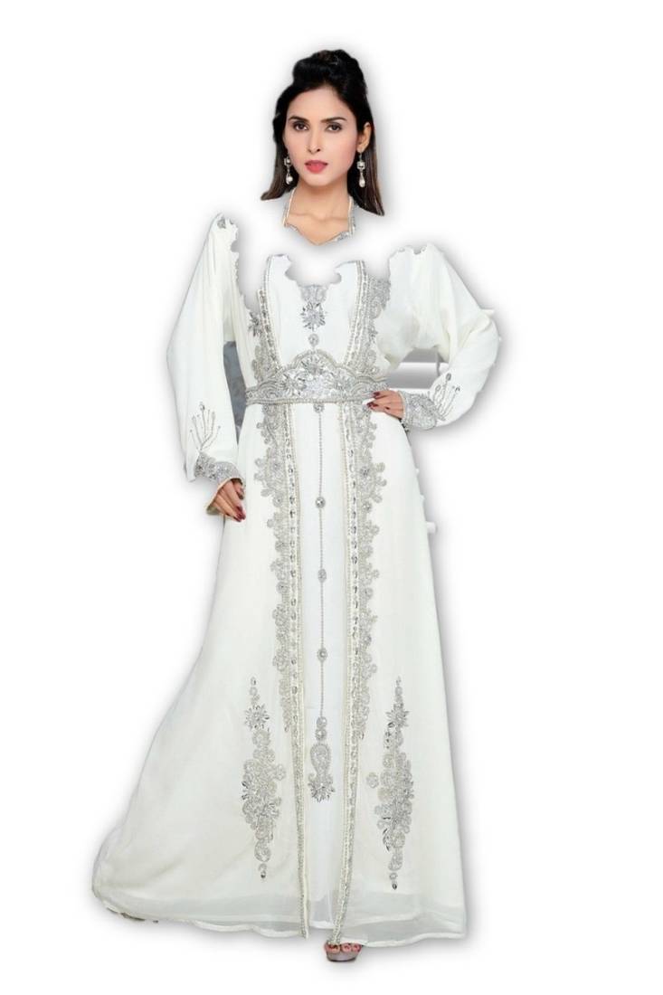 Cream Georgette Embroidered Stitched Islamic Kaftan