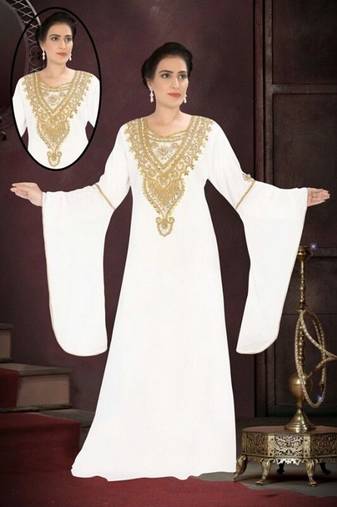 White Georgette Embroidered Stitched Islamic Kaftan