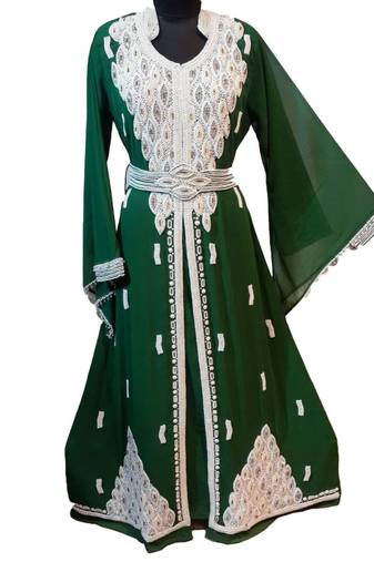 Green Georgette Embroidered Stitched Islamic Kaftan