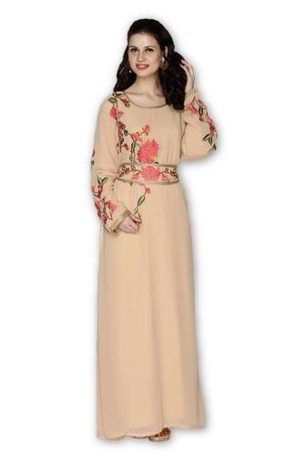 Beige Georgette Embroidered Stitched Islamic Kaftan