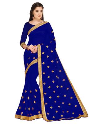 Blue embroidered georgette saree with blouse 1