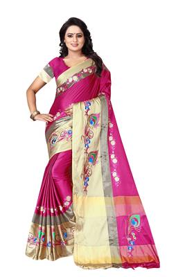 Pink embroidered polyester saree with blouse 1