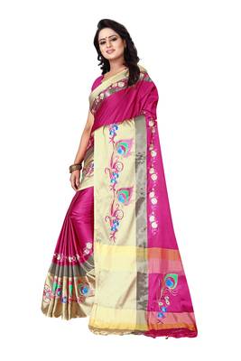 Pink embroidered polyester saree with blouse 3