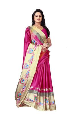 Pink embroidered polyester saree with blouse 4