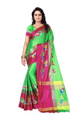 Green embroidered polyester saree with blouse 1