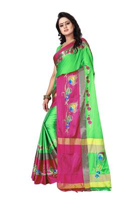 Green embroidered polyester saree with blouse 3