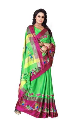 Green embroidered polyester saree with blouse 4