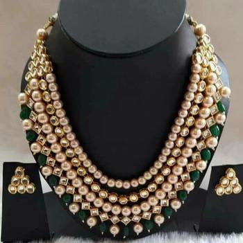 Gold Plated Kundan And Shell Pearls Necklace Set With Green Onyx 1