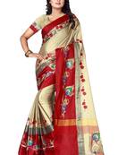 Beige embroidered polyester saree with blouse