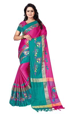 Pink embroidered polyester saree with blouse 1