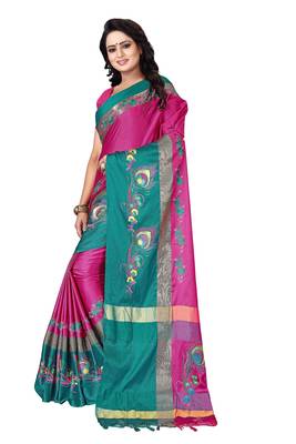 Pink embroidered polyester saree with blouse 3