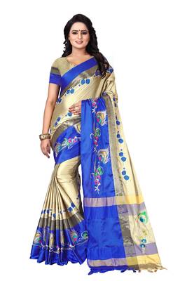 Beige embroidered polyester saree with blouse 1