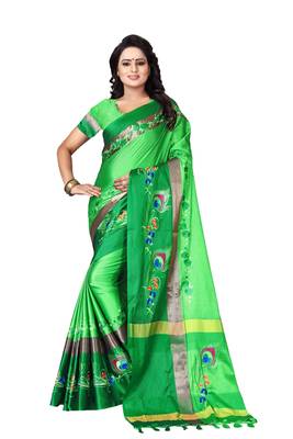 Light green embroidered polyester saree with blouse 1