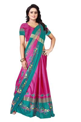 Pink embroidered polyester saree with blouse 4