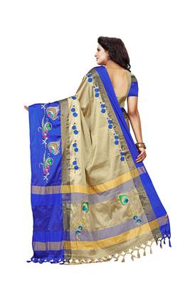 Beige embroidered polyester saree with blouse 2