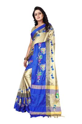 Beige embroidered polyester saree with blouse 3