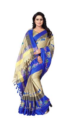 Beige embroidered polyester saree with blouse 4