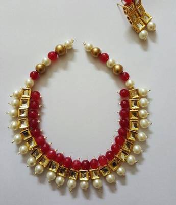 Kundan And Red Onyx Necklace Set With Shell Pearls 2