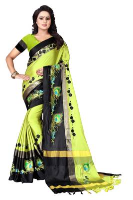 Parrot green embroidered polyester saree with blouse 1