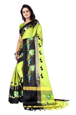 Parrot green embroidered polyester saree with blouse 3