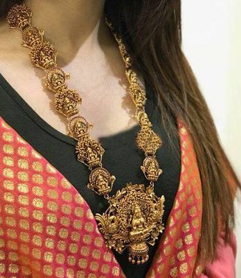 Lakshmi Pendant Temple Work Long Necklace Set With Jhumka 1